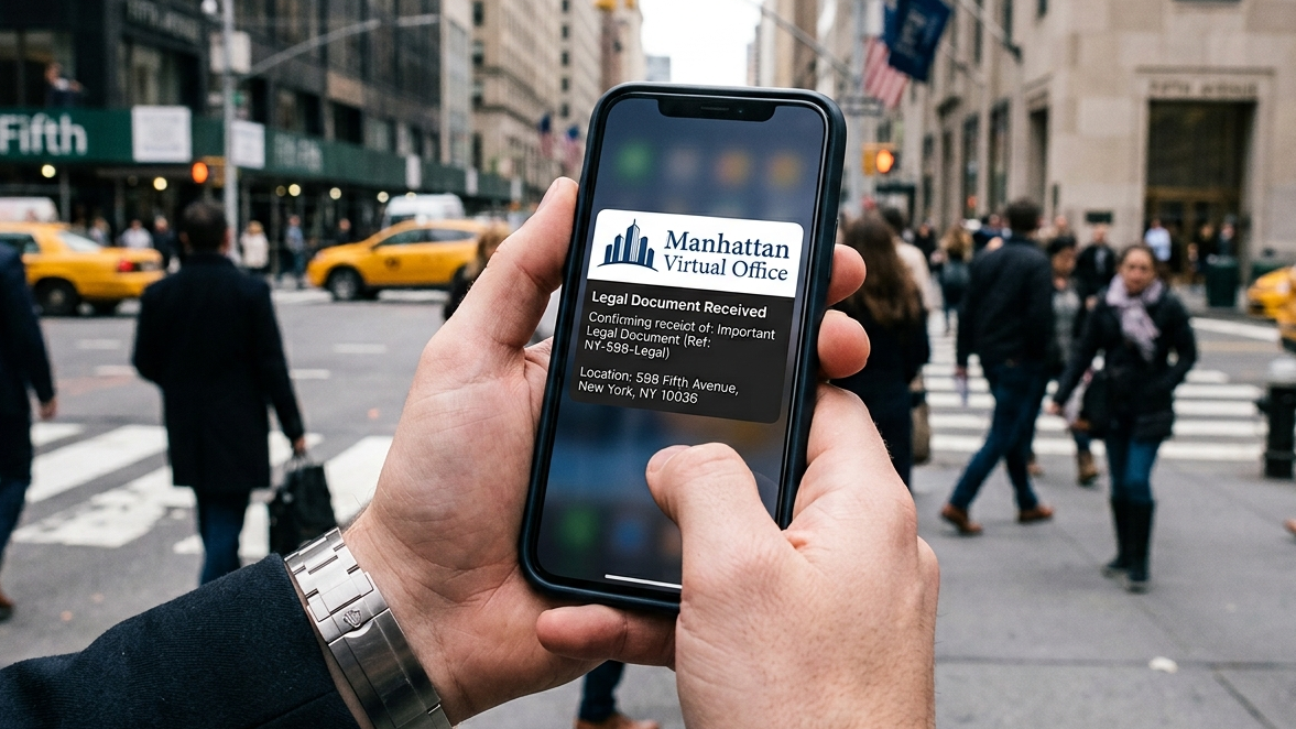 Smartphone notifications show NYC virtual office mail alerts, enabling remote business management for mobile founders on city streets.
