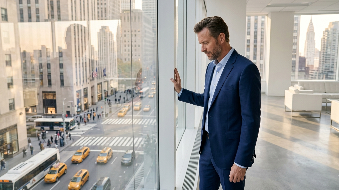 A man in a high office looks down at Fifth Avenue. Minimalist white room with warm golden hour light
