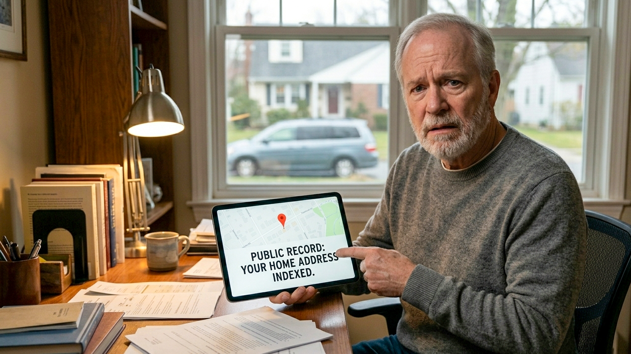 Stressed man discovering his home address has been indexed on public records via a tablet.
