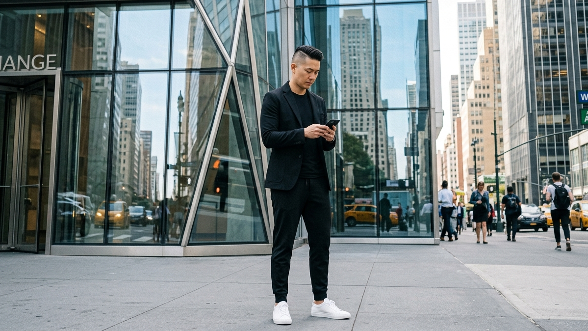 A professional in their 30s with a modern undercut and a premium athleisure outfit, standing in fron