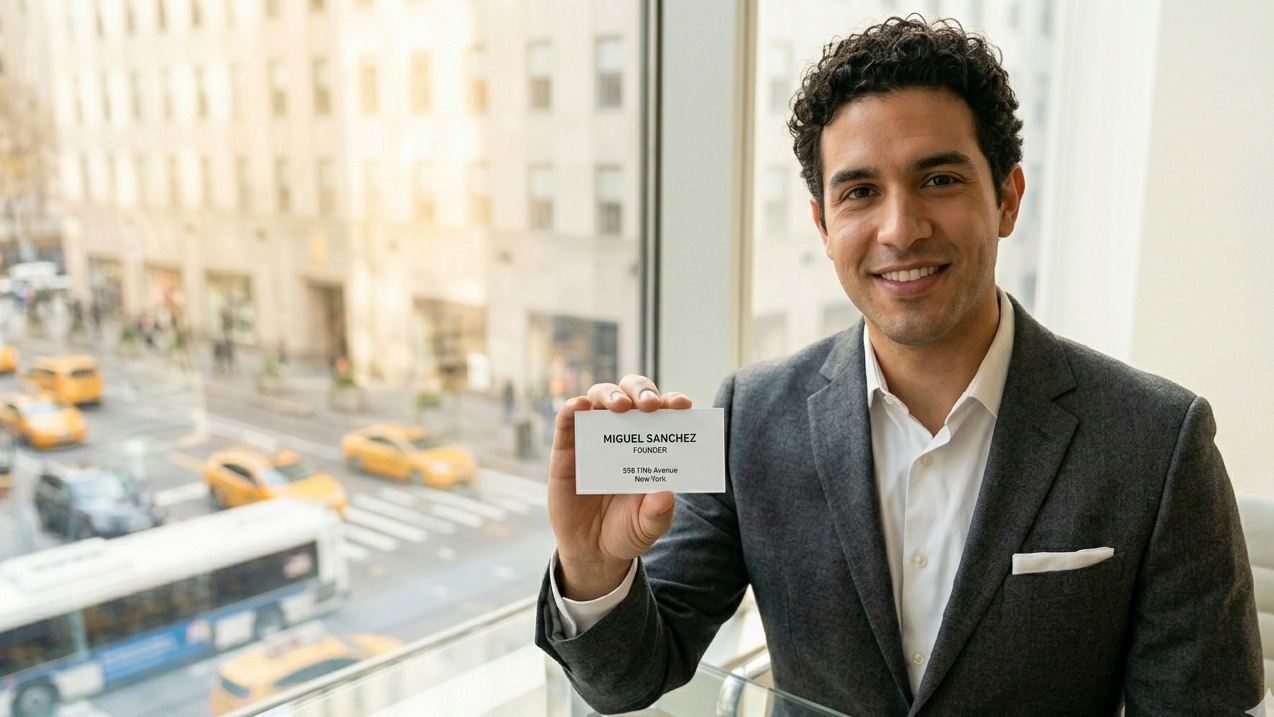 A young Hispanic professional in a grey blazer stands by a high-rise window overlooking Fifth Avenue, holding a clean, modern business card with the 598 Fifth Avenue address.