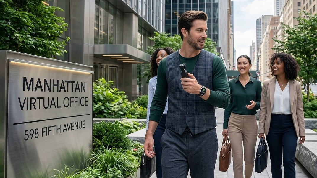 Three virtual entrepreneurs with a DJI Osmo strategize in a NYC office. Get a professional address.