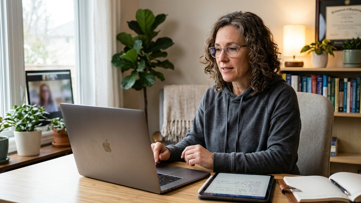 A professional therapist in her late 40s sits in a comfortable, softly lit residential room