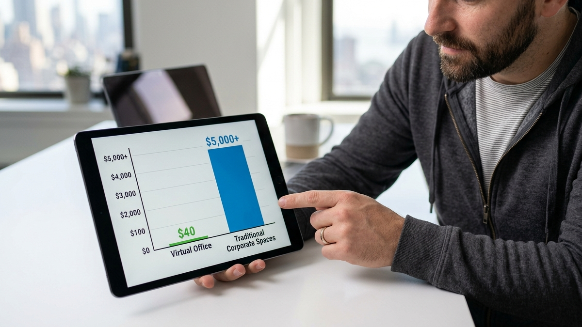 A close-up view of a tablet on a sleek white desk displaying a clear bar graph that compares the low cost of a virtual office against the high expenses of traditional corporate spaces, with a business owner reviewing the data.