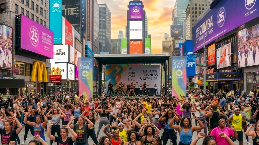 A wide panoramic view of  hundreds and hundreds of participants dancing in a busy Times Square during the Zumba 25th Anniversary event at sunset.
