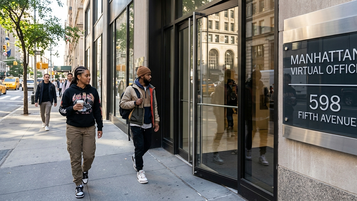  Elite Commercial Address Presence at 598 Fifth Avenue. A natural, outdoor street-level view of a modern Midtown Manhattan commercial building entrance. A sleek, modern plaque next to the glass door cleanly displays Manhattan Virtual Office and 598 Fifth Avenue, with independent professionals in authentic urban streetwear walking past on a sunny afternoon.