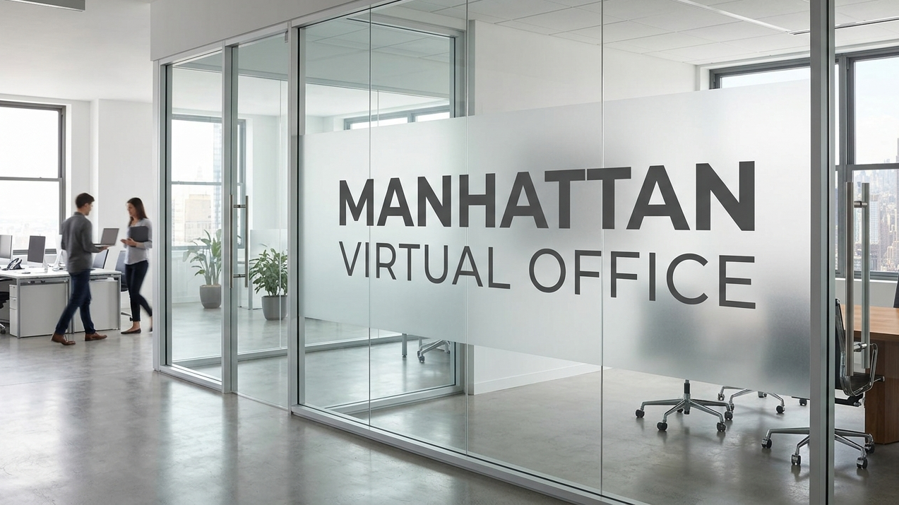 Minimalist glass office wall featuring the sharp Manhattan Virtual Office logo in a modern corporate setting.