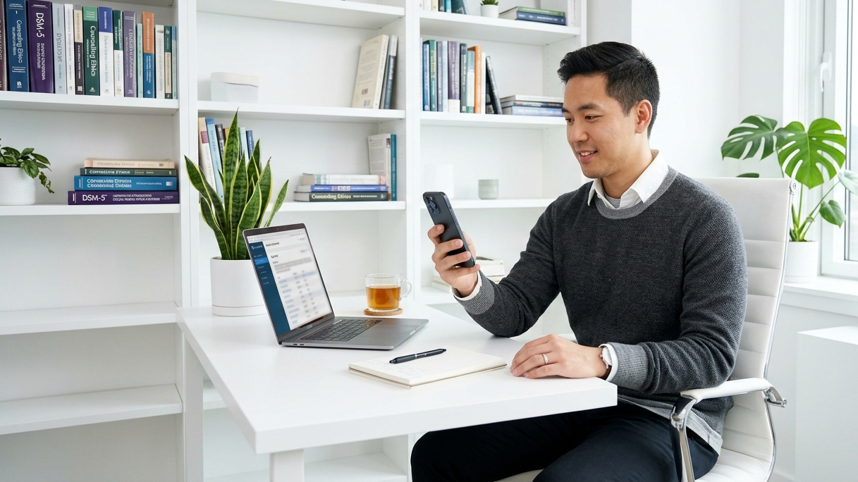 A bright, white modern workspace with clean white furniture and minimalist shelving. A mental health professional in his 30s, dressed in a smart-casual layered knit sweater, uses a smartphone to securely check digital mail scans and patient correspondence notifications via a cloud app, highlighting an office-free business model.