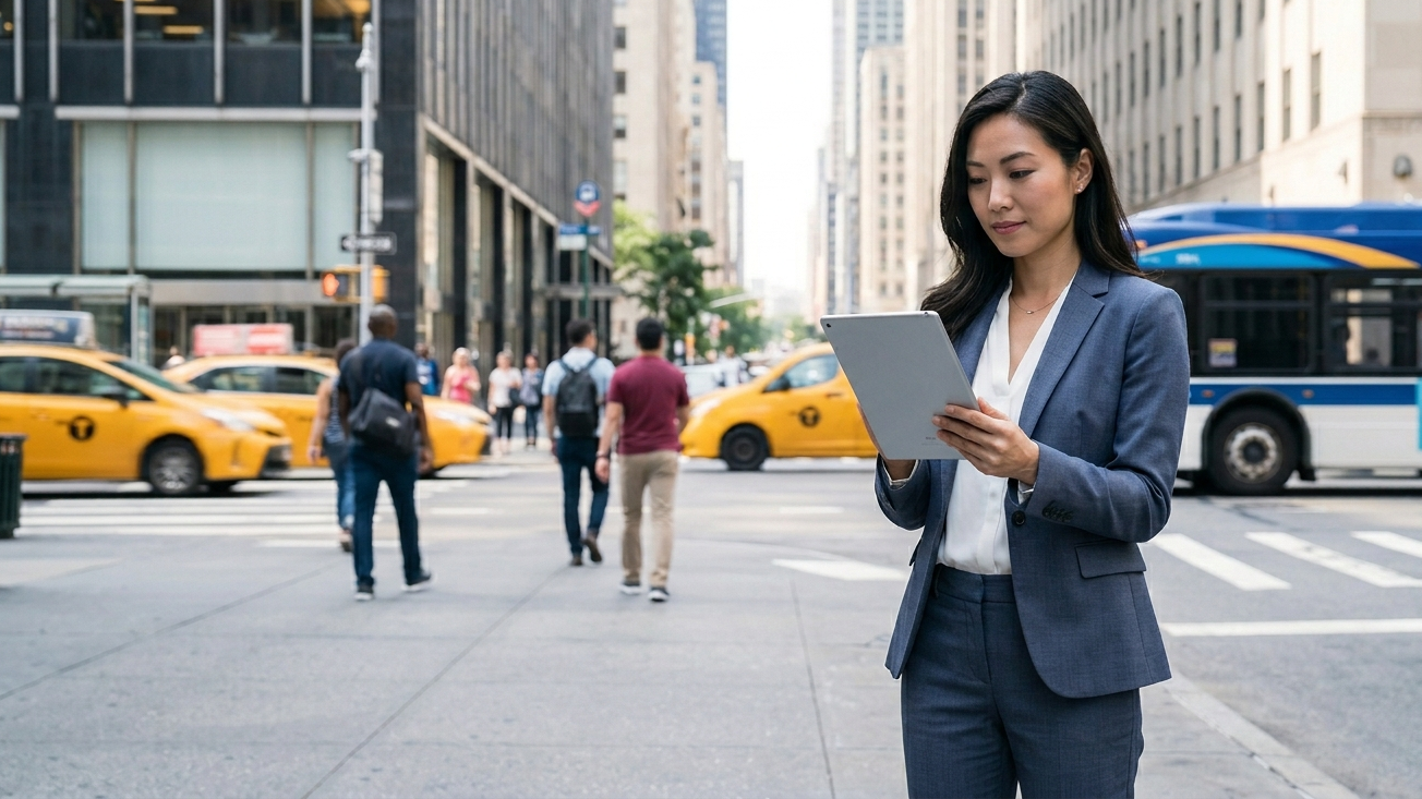 A stylish East Asian woman in professional attire holding a tablet while standing on a NYC sidewalk in bright daylight. The foreground is sharp, emphasizing her mobile connection, while the background shows a dynamic bokeh of yellow taxis and a passing MTA bus.