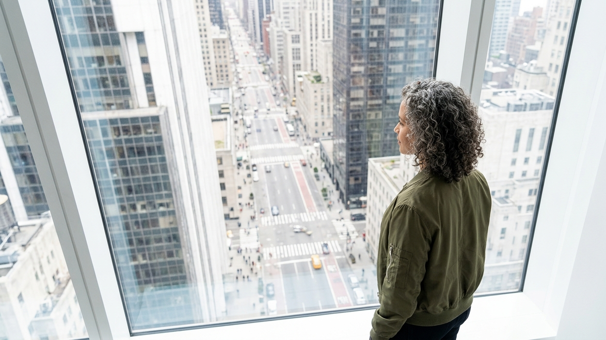 A professional in an olive bomber jacket looking out a high-rise window at 5th Avenue.