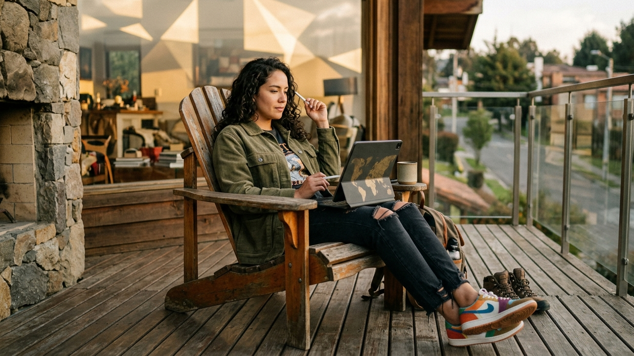 A professional woman of Latin American heritage using a tablet on a rustic cabin deck during golden hour.