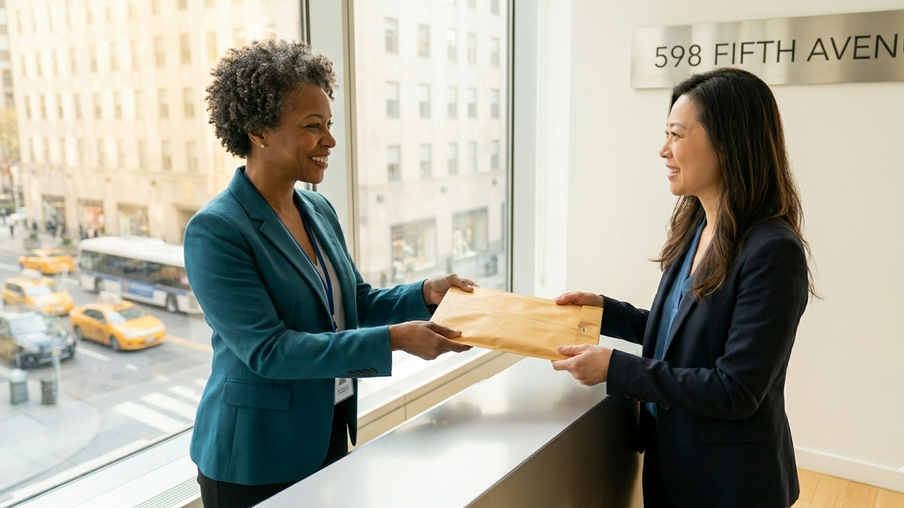 A professional Black female receptionist at 598 Fifth Avenue smiling while handing a secure package to a client in a high-rise NYC office.
