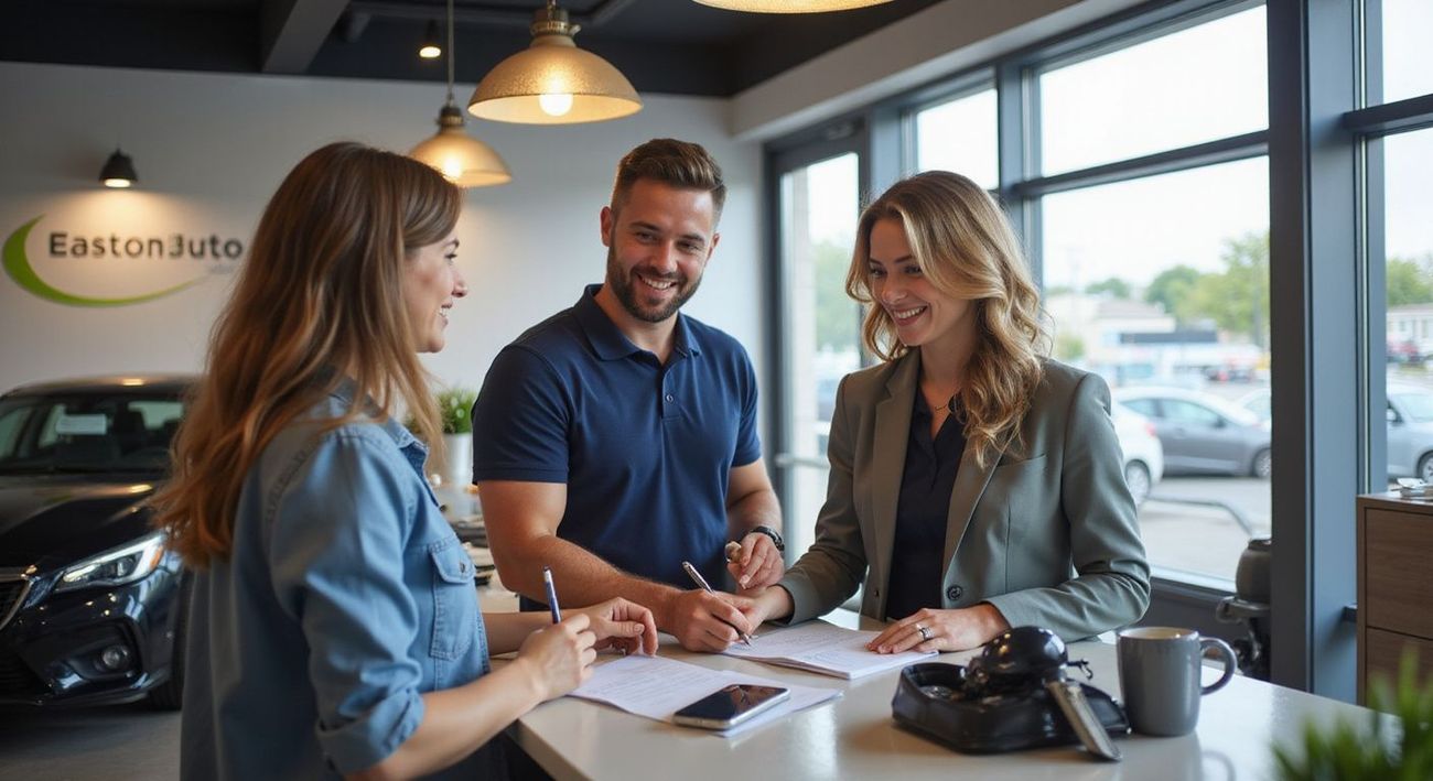 Couple signing paperwork at car dealership with salesperson, smiling.