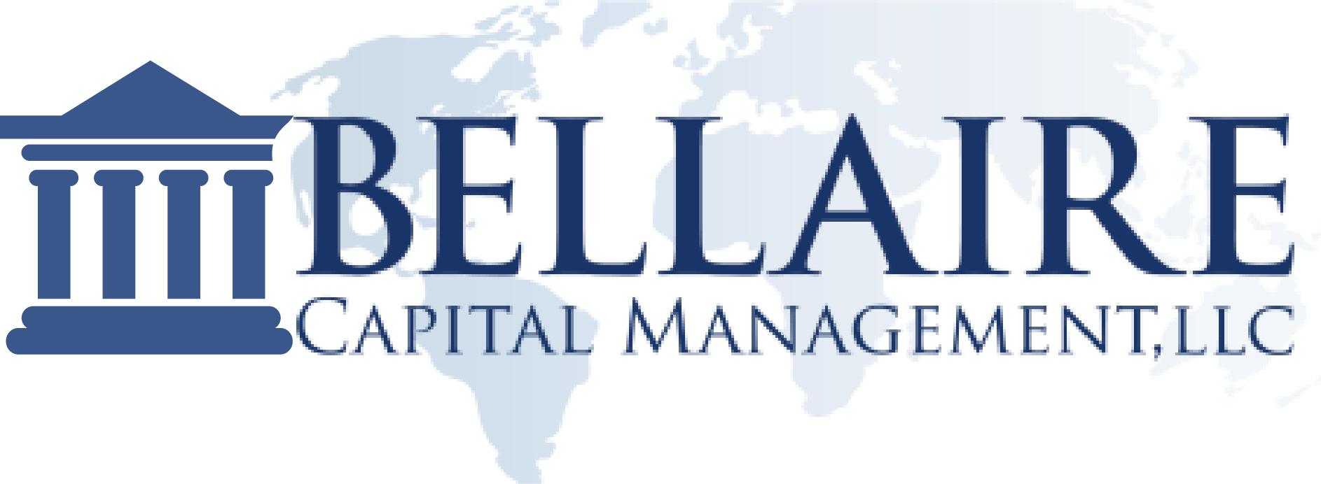 Logo for Bellaire Capital Management, LLC featuring a dark blue pillar icon overlaid on a light blue world map.