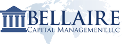 Logo for Bellaire Capital Management, LLC featuring a dark blue pillar icon overlaid on a light blue world map.