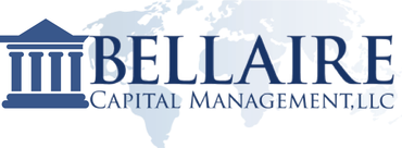 Logo for Bellaire Capital Management, LLC featuring a dark blue pillar icon overlaid on a light blue world map.