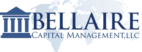 Logo for Bellaire Capital Management, LLC featuring a dark blue pillar icon overlaid on a light blue world map.