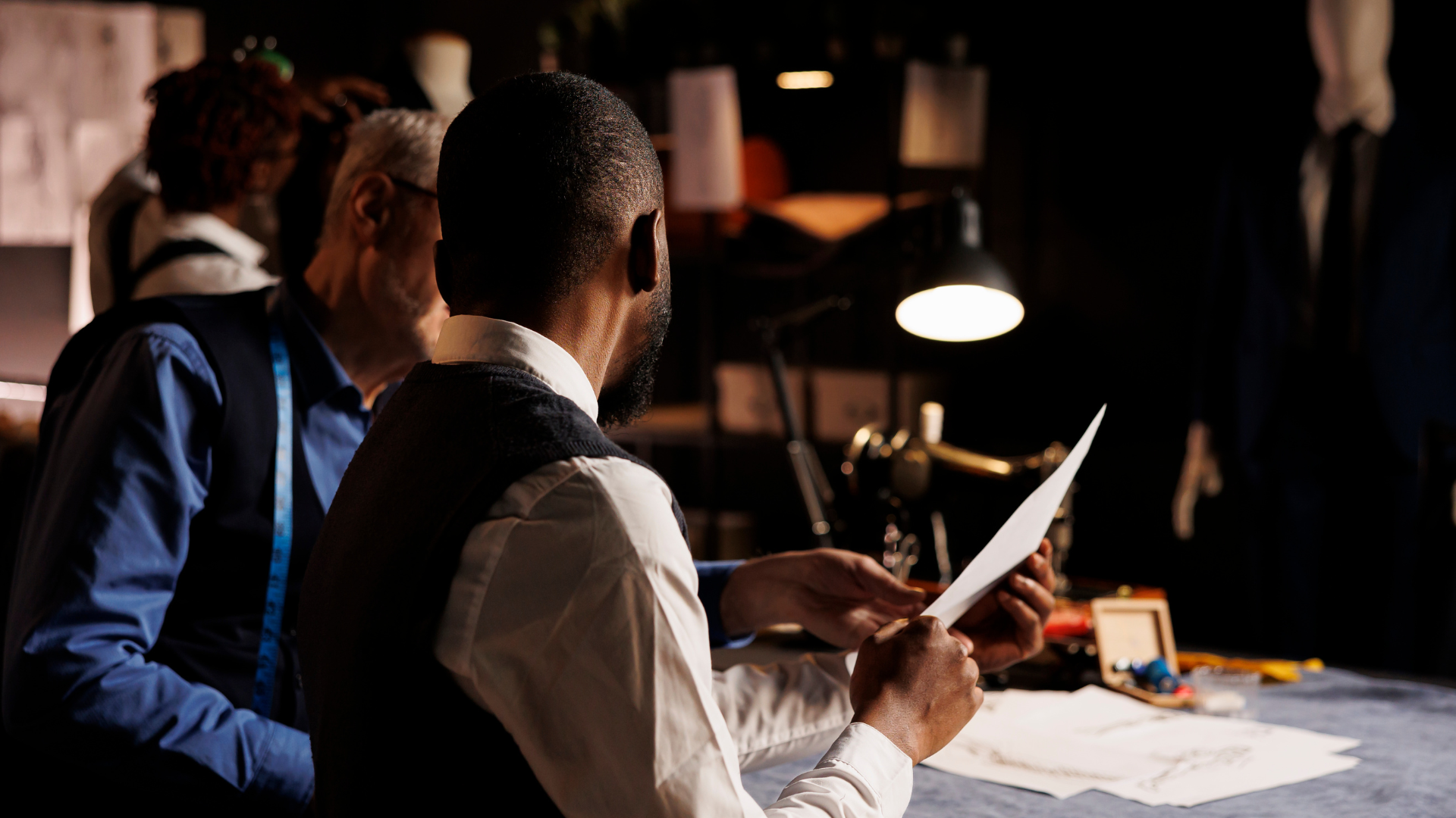 Two men are sitting at a table looking at a piece of paper.