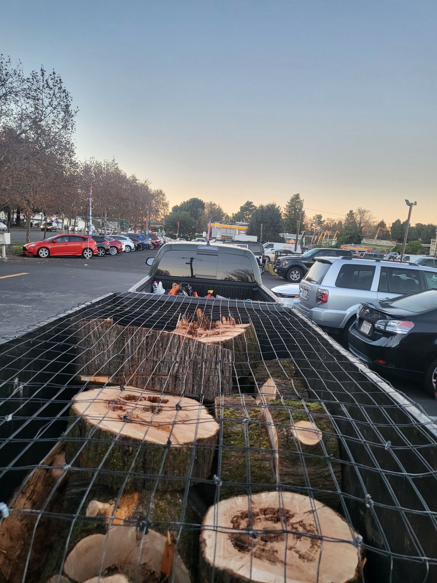 A car is parked in a parking lot next to a pile of logs.