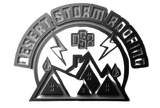 Black-and-white logo of three tents under lightning, with arched text reading &ldquo;Desert Storm Roofing.&rdquo;