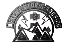 Black-and-white logo of three tents under lightning, with arched text reading &ldquo;Desert Storm Roofing.&rdquo;