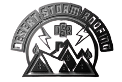 Black-and-white logo of three tents under lightning, with arched text reading &ldquo;Desert Storm Roofing.&rdquo;