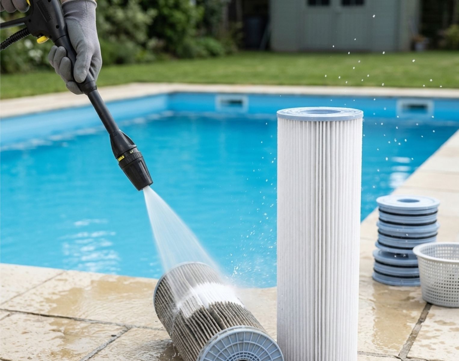 Pressure washing a swimming pool cartridge filter element.