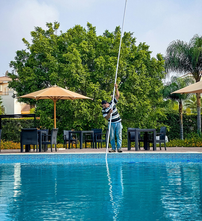 Using a skimmer net to remove leaves and debris from a swimming pool.