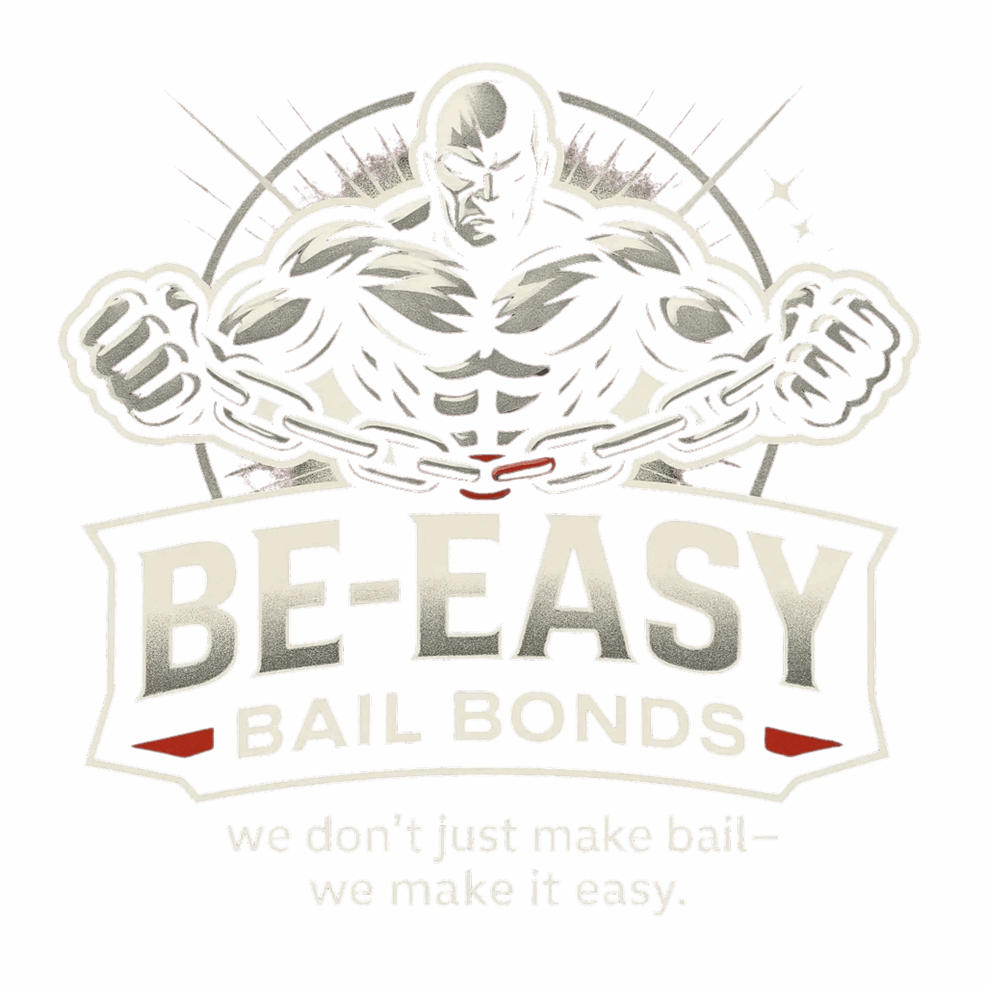 Logo for Be-Easy Bail Bonds featuring a muscular figure breaking chains, with tagline 