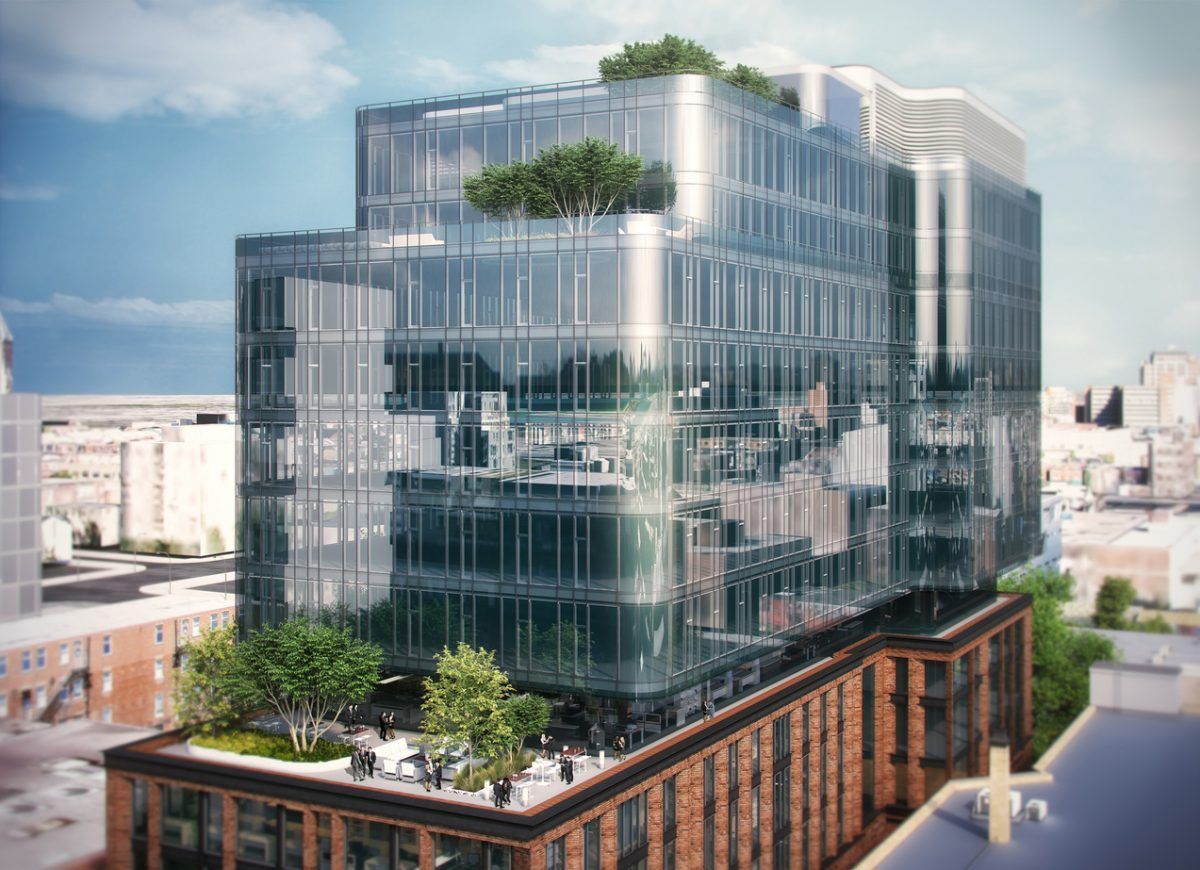 An artist 's impression of a tall building with trees on the roof.