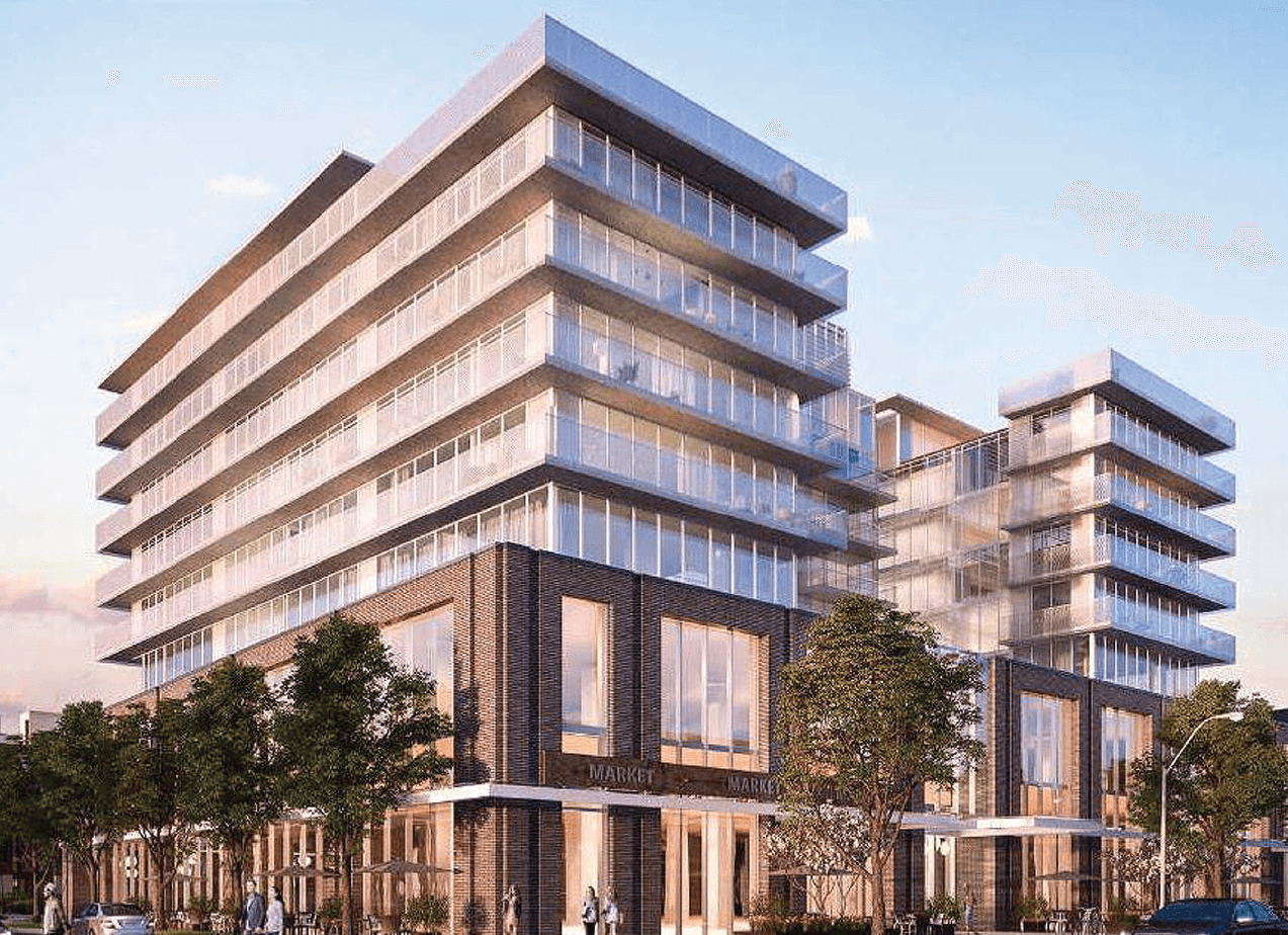 Modern multi-story building with glass balconies, brick base, and storefronts. Trees line the street.