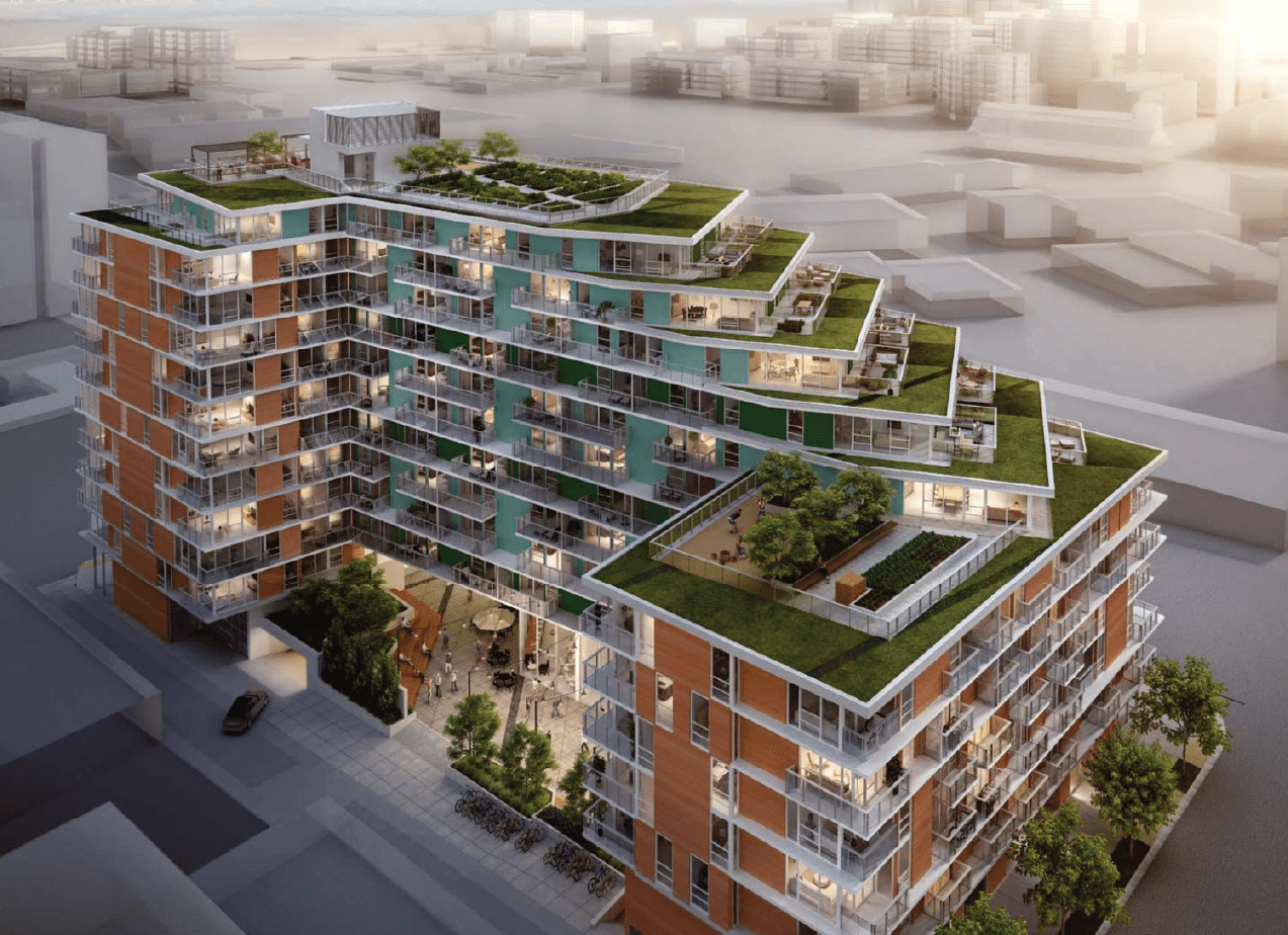 Modern multi-story building with terraced green roofs and balconies.