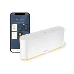 A smart speaker is sitting next to a smart phone.