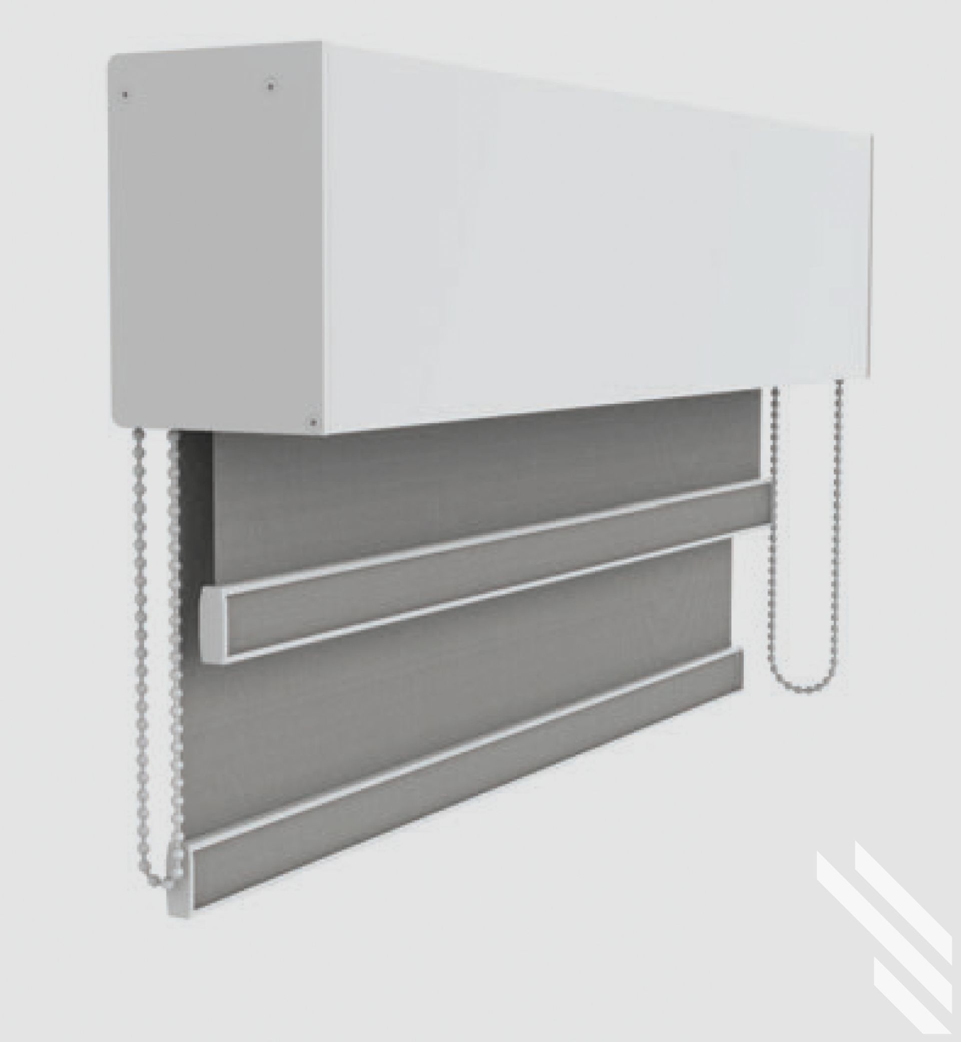 A white box with a gray blind attached to it