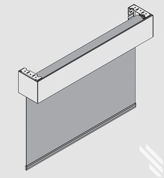 A black and white drawing of a roller blind with fascia