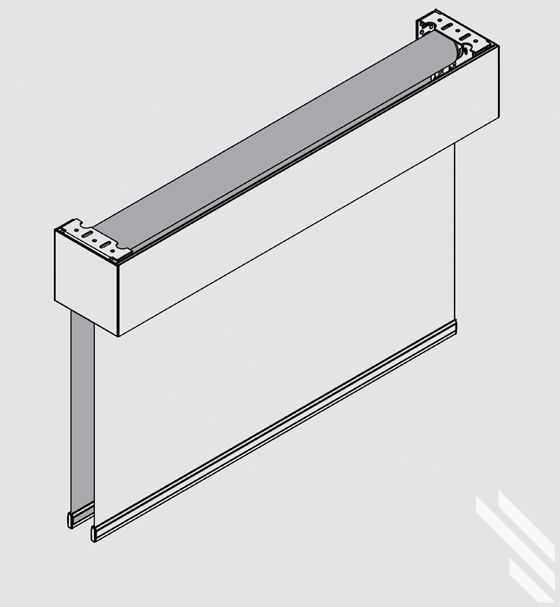 A black and white drawing of a roller blind with fascia