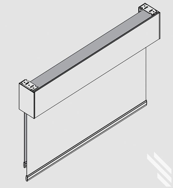 A black and white drawing of a roller blind with fascia