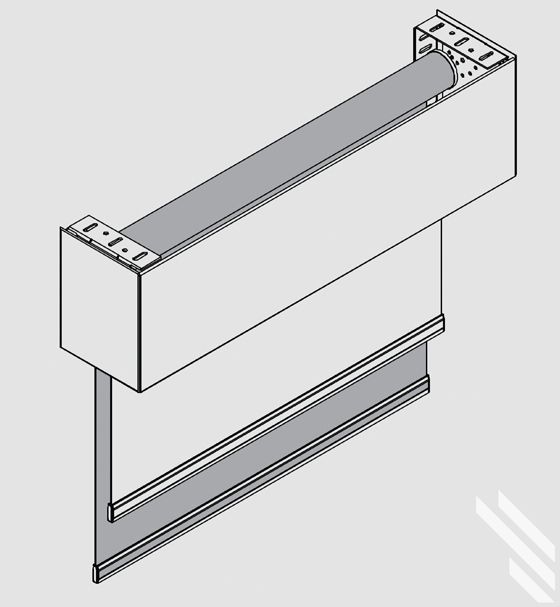 A black and white drawing of a roller blind with fascia
