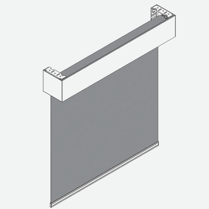 A drawing of a roller blind with a white trim on a white background.