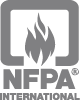 The nfpa international logo is a black and white logo with a flame in the middle.