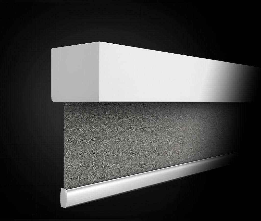 White and gray window shade rolled up, with a white top piece and gray fabric.