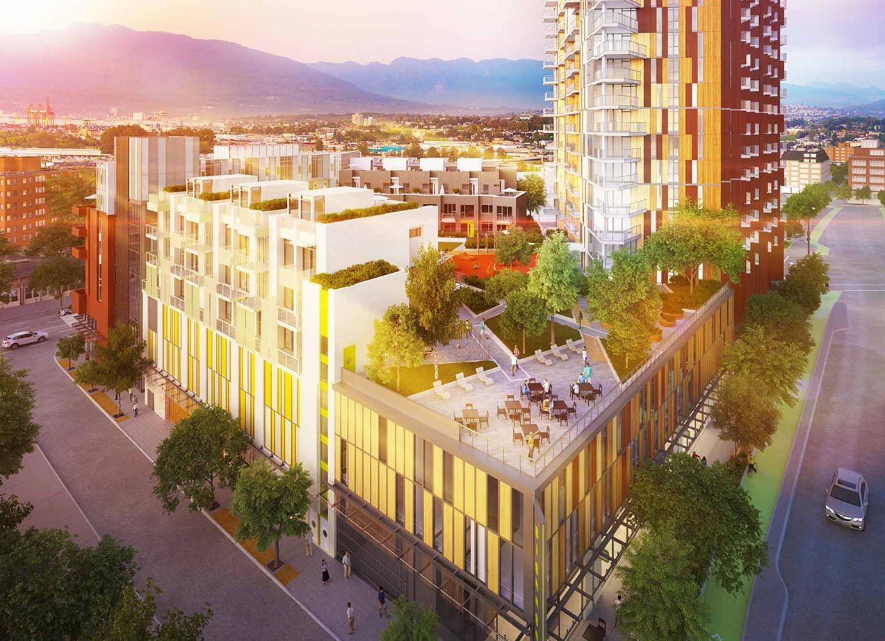 Rendering of mixed-use building with modern design, rooftop terrace, and mountain backdrop.