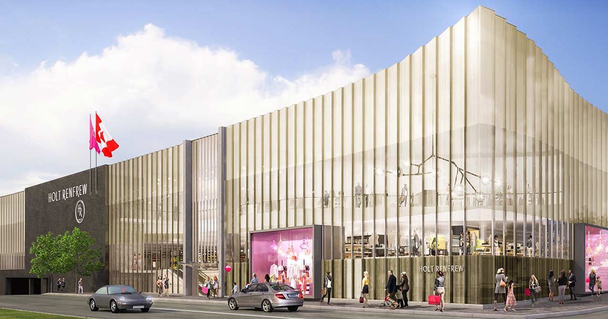 Shopping mall exterior with gold vertical panels, storefronts, and pedestrians.
