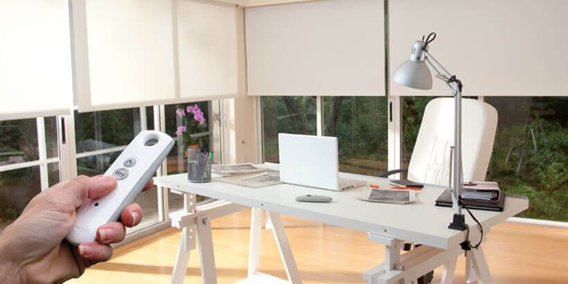 A person is holding a remote control in an office.