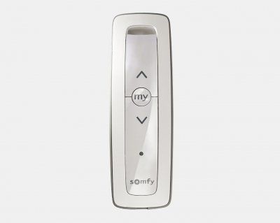 A person is holding a remote control in front of a window.