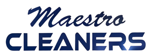 The logo for maestro cleaners is blue and white.