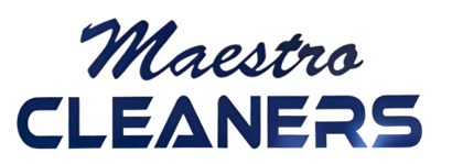 The logo for maestro cleaners is blue and white.