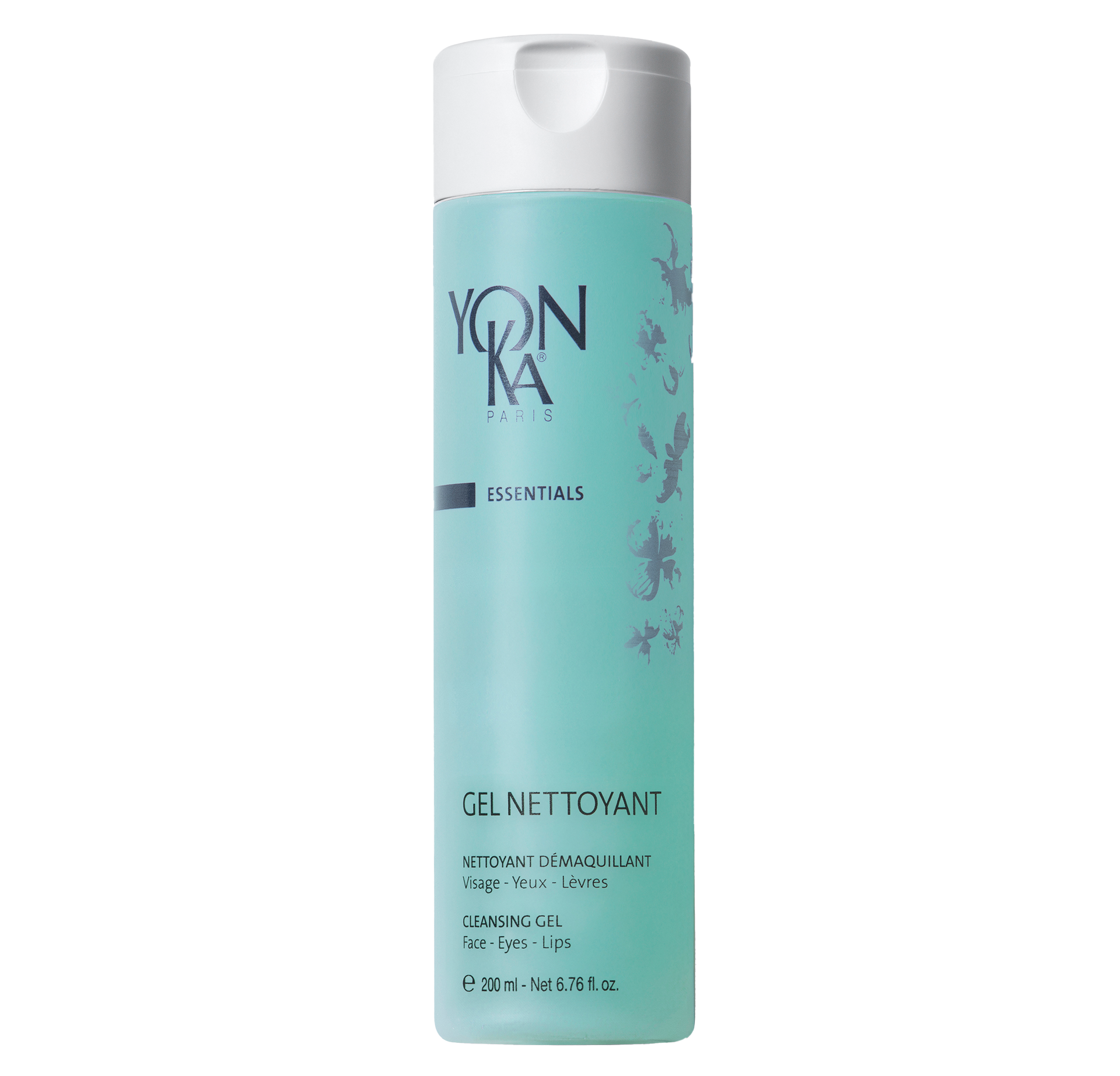 Turquoise Yon-Ka Essentials cleansing gel bottle with white cap and floral design.