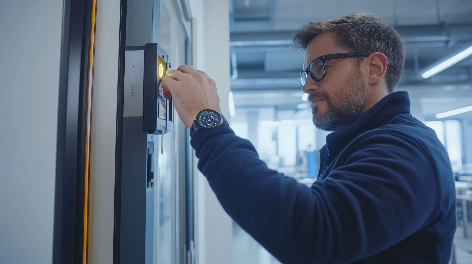 Technician installing access control system card reader on secured entry door.
