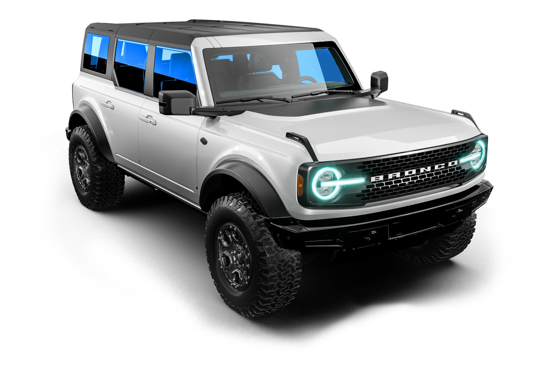 A white suv with blue windows is on a white background.